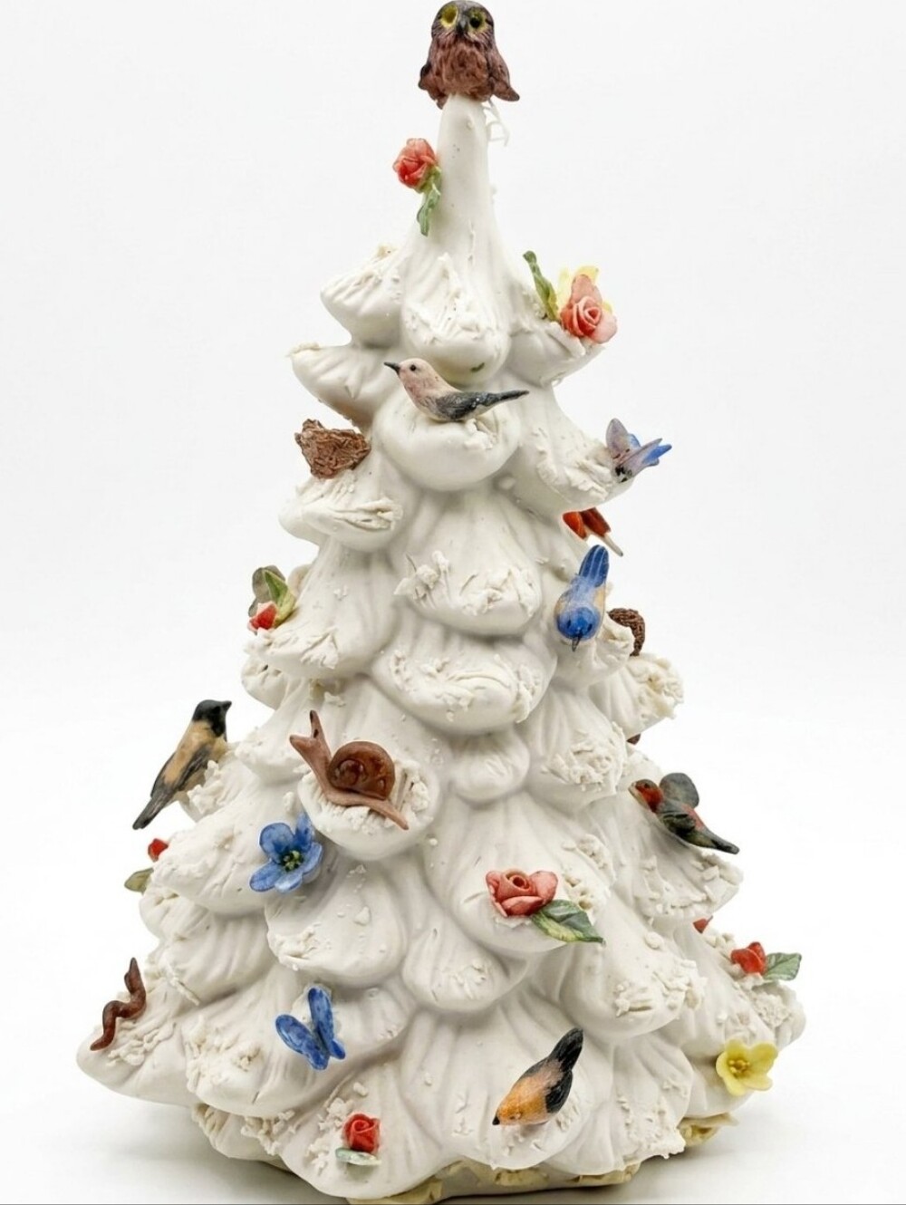 Vtg "Snow Flocked".White Ceramic Bird and Floral Tree Sculpture